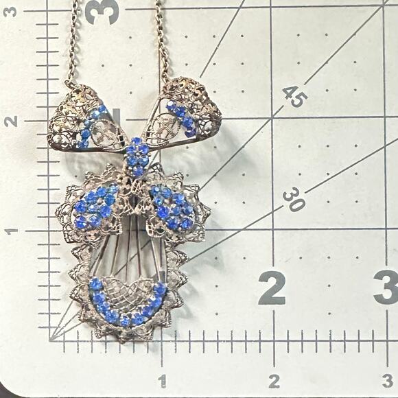 Antique Art Deco 1920s blue Czech glass rhinestones brass filigree necklace - Picture 8 of 8